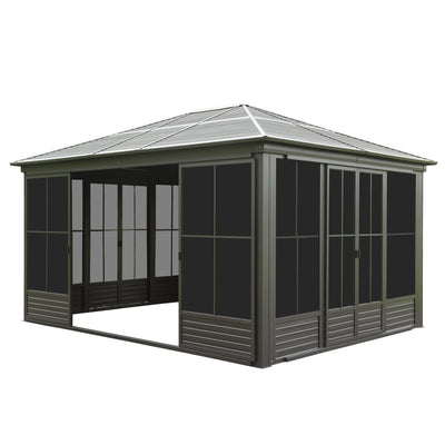 12x14 Galvanized Steel Hardtop Gazebo Sunroom with Sliding Screen Doors