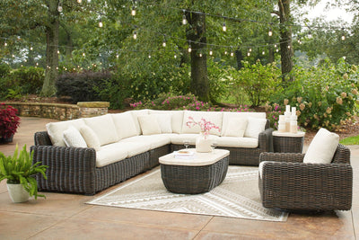 Kimora 7-Piece Outdoor Wicker Sectional Set with Swivel Glider Lounge and Marble-Look Tables