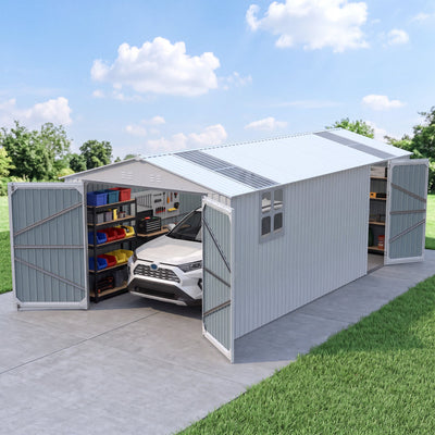 20x13 ft White Galvanized Steel Detached Garage with Double Doors, Side Door, Windows and Skylights