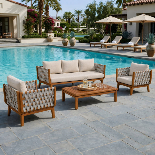 4 Pcs Outdoor Patio Furniture Set with Teak Finish Frame - Acacia Wood