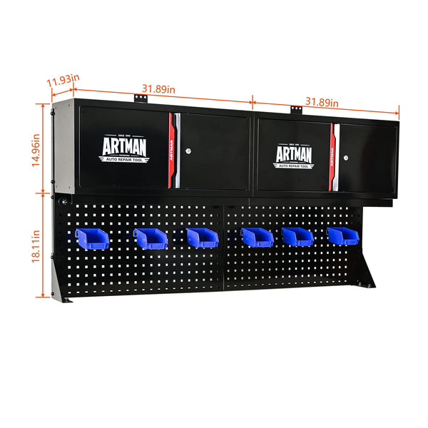 Wall Mounted Double Door Storage Cabinet With Pegboard Tool Rack & Hooks