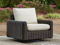 Kimora 7-Piece Outdoor Wicker Sectional Set with Swivel Glider Lounge and Marble-Look Tables
