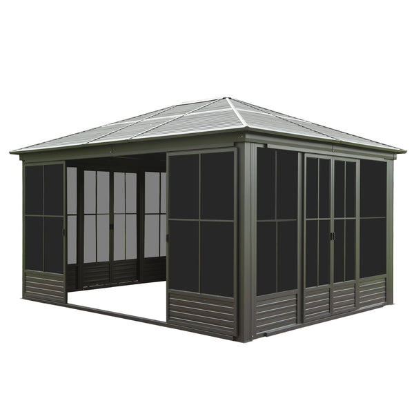 12x14 Galvanized Steel Hardtop Gazebo Sunroom with Sliding Screen Doors