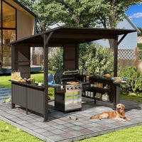 9x10 Hardtop Grill Gazebo with Bar Counters, Storage Shelves and Galvanized Steel Roof