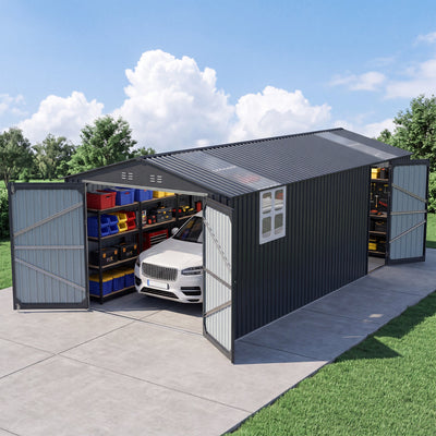 20x13 ft Black Galvanized Steel Detached Garage with Double Doors, Side Door, Windows and Skylights
