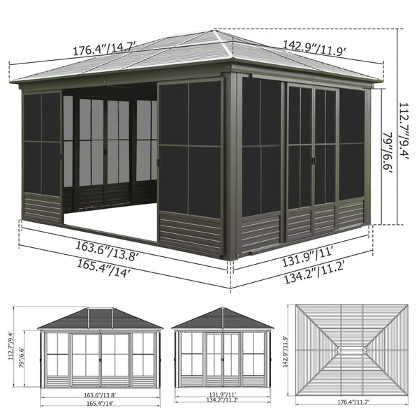 12x14 Galvanized Steel Hardtop Gazebo Sunroom with Sliding Screen Doors