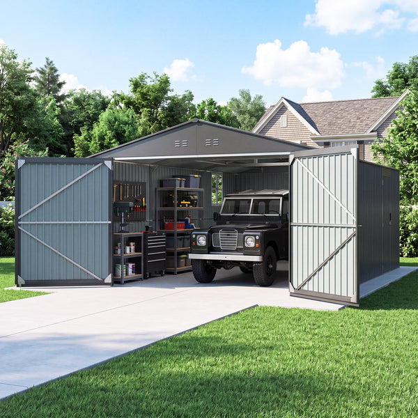 20x13 ft Black Galvanized Steel Detached Garage with Double Doors, Side Door, Windows and Skylights