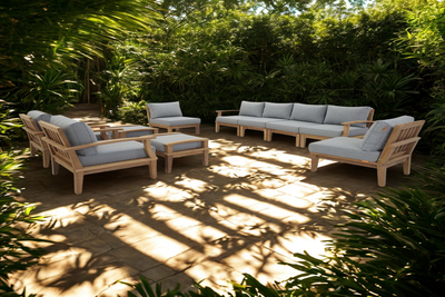 Marina 10-Piece Teak Outdoor Sectional Sofa Set with Armchairs and Ottomans by Modway