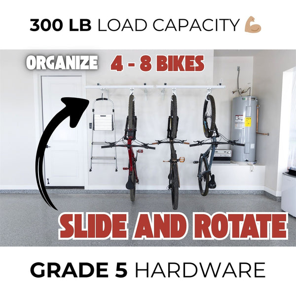 CeilingSAM Bike Slide Pro Overhead Garage Bike Storage Rack with Sliding, Rotating Hooks, Made in the USA