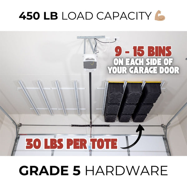 CeilingSAM Tote Slide Pro Adjustable Overhead Garage Tote Storage Rack for 15 Totes, Made in the USA