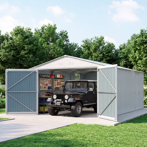 20x13 ft White Galvanized Steel Detached Garage with Double Doors, Side Door, Windows and Skylights