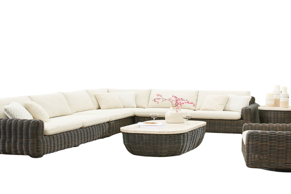 Kimora 7-Piece Outdoor Wicker Sectional Set with Swivel Glider Lounge and Marble-Look Tables