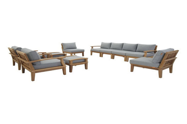 Marina 10-Piece Teak Outdoor Sectional Sofa Set with Armchairs and Ottomans by Modway