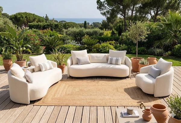 Serene 6-Piece Curved Outdoor Lounge Set with 2 Sofas, Armchair and Marble-Look Tables