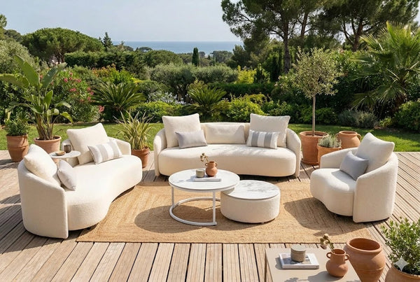 Serene 6-Piece Curved Outdoor Lounge Set with 2 Sofas, Armchair and Marble-Look Tables